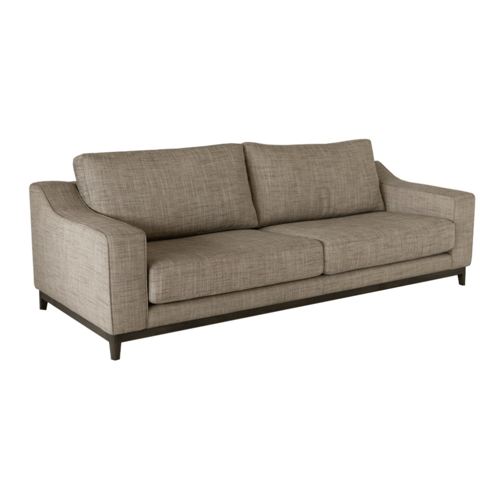 A natural beige coloured two seater sofa with dark wooden legs.