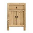 Wooden side table with a cabinet and a drawer on a white background
