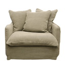 Khaki armchair with three cushions on a white background
