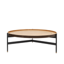 Round wooden coffee table with black metal base on a white background