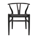 Black wooden chair with woven seat on a white background
