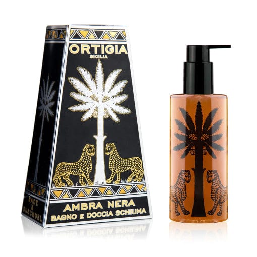 Bottle of Ambra Nera shower gel with a Sicilian inspired box.