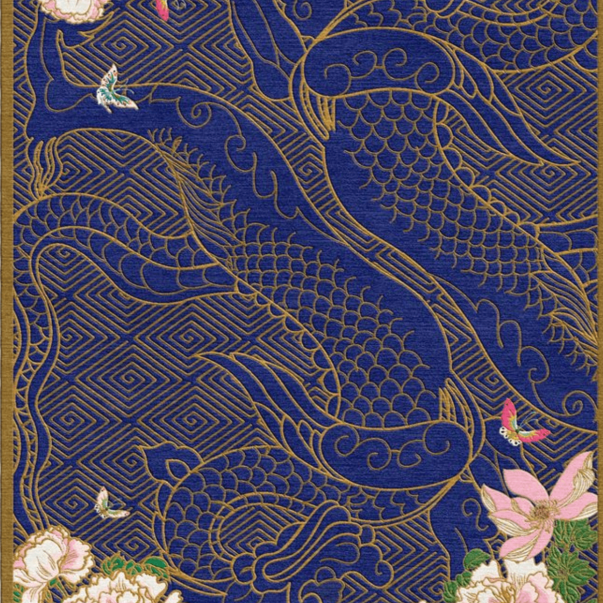 Dragon Florals Blue & Gold Hand Tufted Rug PRE ORDER