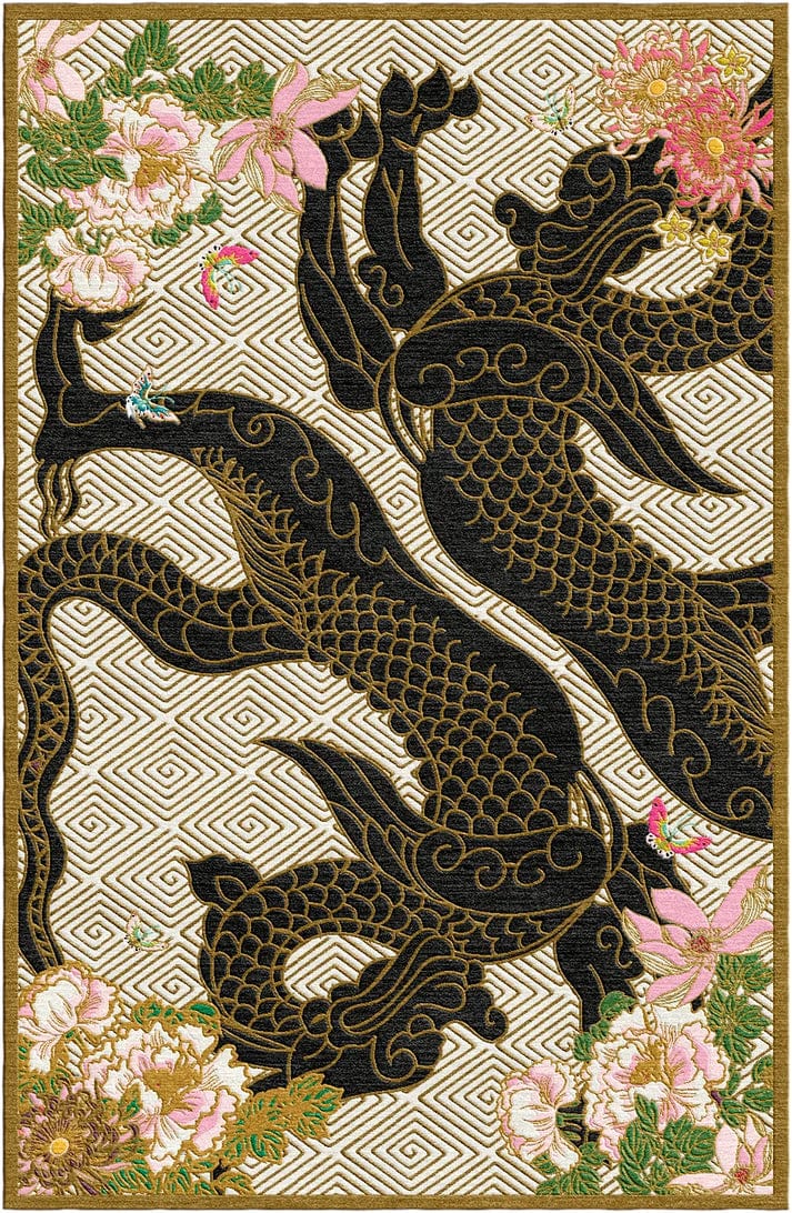 Dragon Florals Black & Gold Hand Tufted Rug PRE ORDER