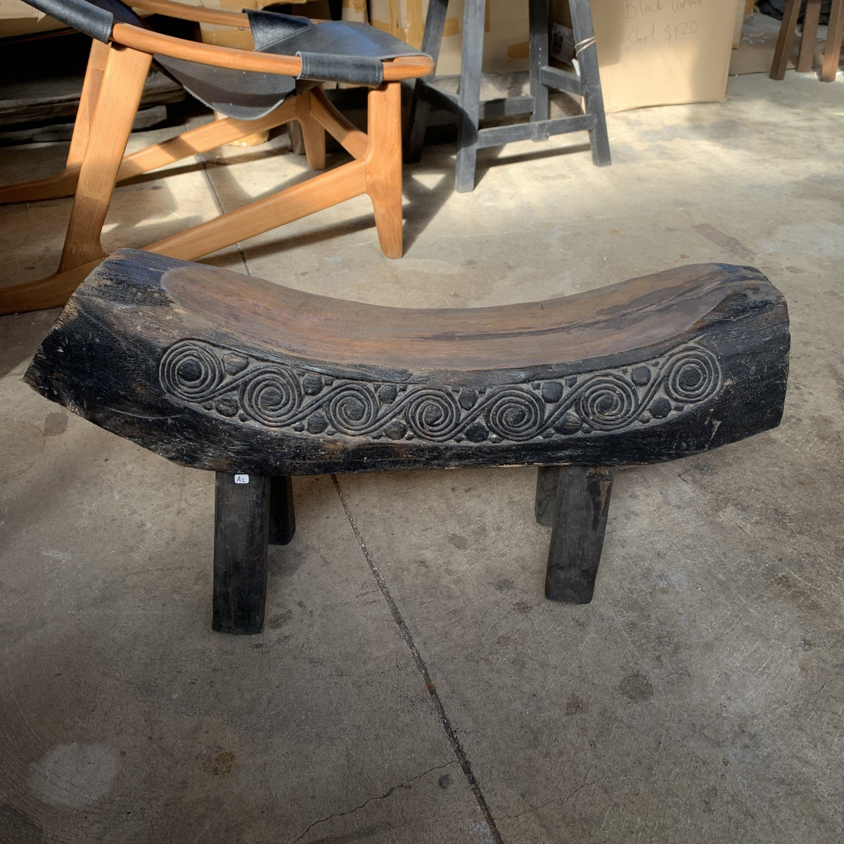 Teak Carved Canoe Stool