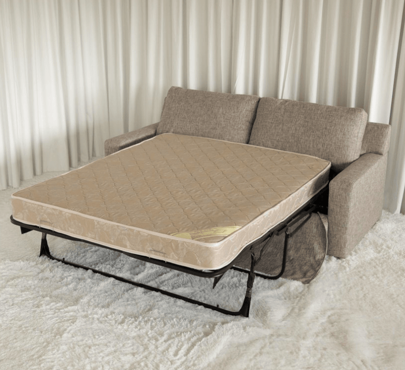 A natural tanned colour two seater sofa bed open to see mattress.