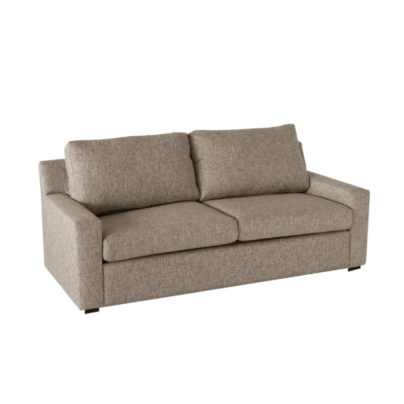 A natural tanned colour two seater sofa.
