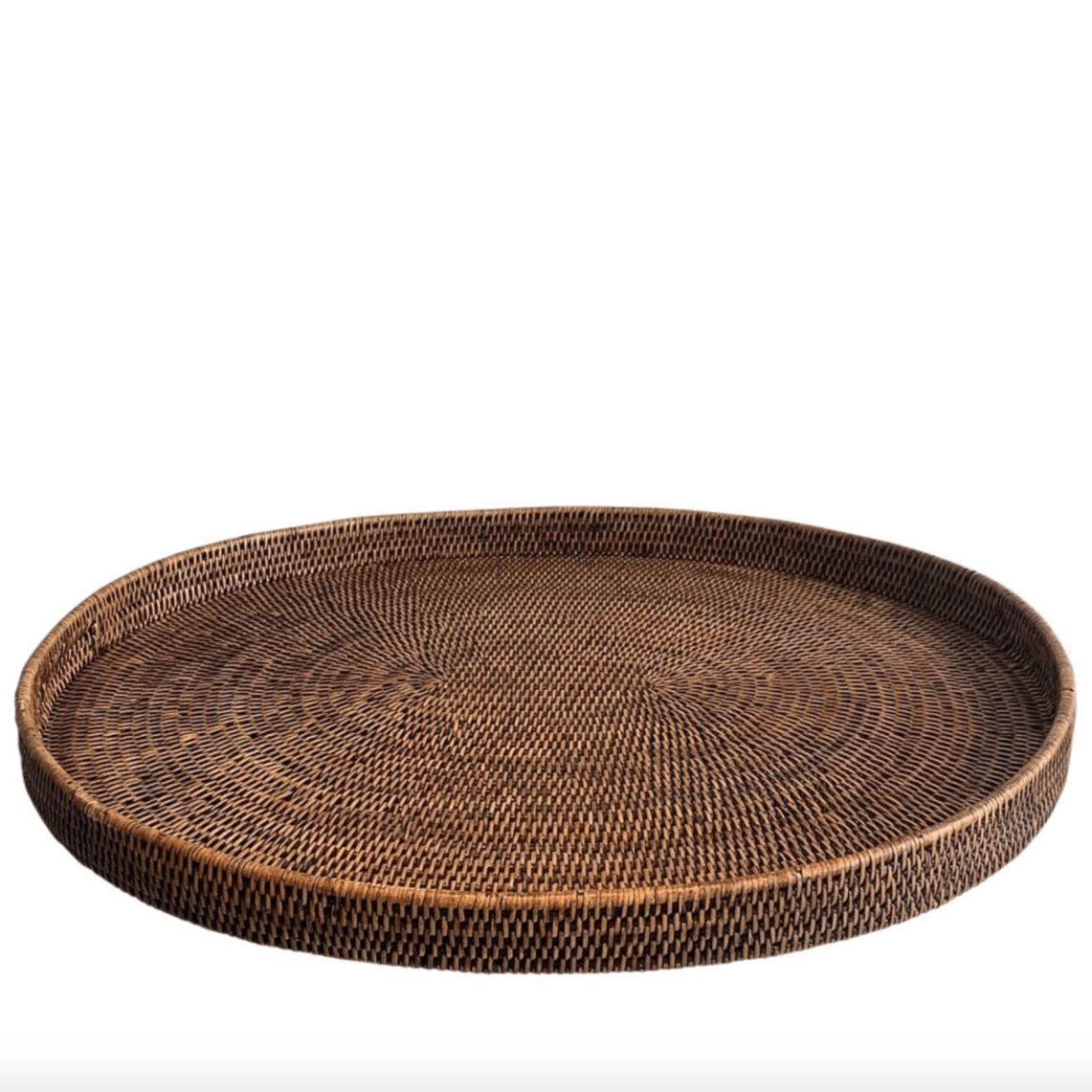 A brown rattan oval tray.