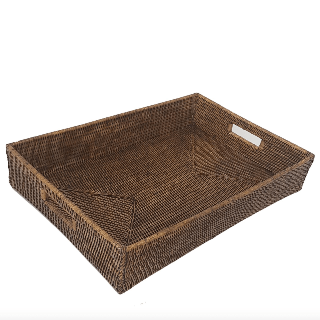 A rattan tray with tall sides and a hand slot on two side.