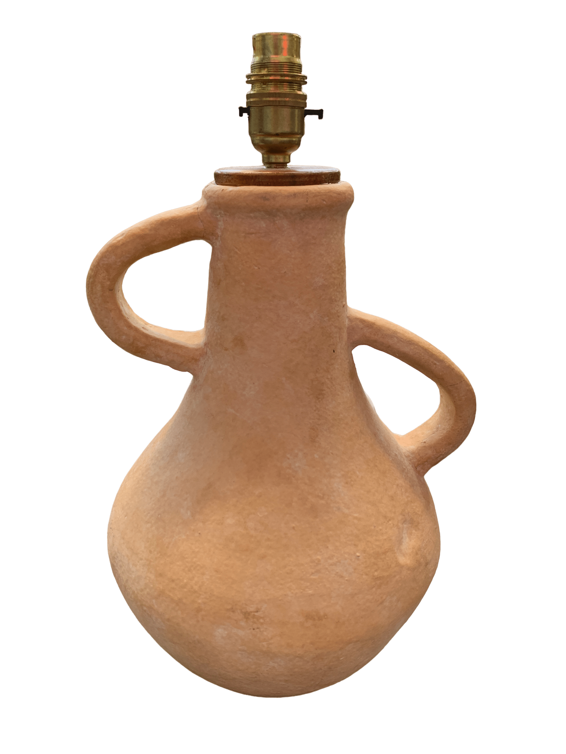 A handmade terracotta lamp base with two handles.