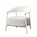 A modern armchair with a curved white plastic shell back and seat frame, paired with a light gray textured fabric cushion, shown against a plain white background.