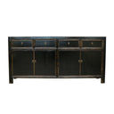 Black wooden sideboard with four doors and three drawers on a white background