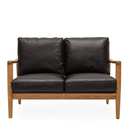 Black leather two-seater sofa with wooden frame on a white background