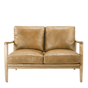 Light brown leather sofa with wooden frame on a white background