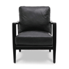 Black leather armchair with black wooden frame on a white background