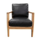 Black leather armchair with wooden frame on a white background