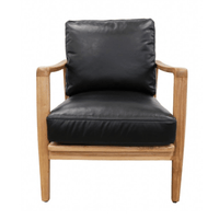 Black leather armchair with wooden frame on a white background