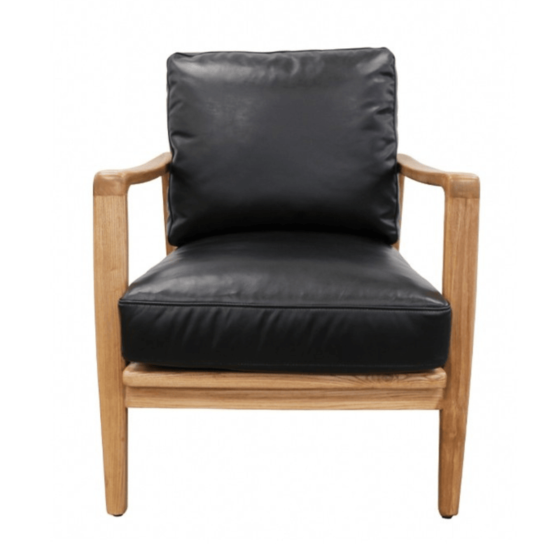 Black leather armchair with wooden frame on a white background