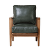 Green leather armchair with wooden frame on a white background