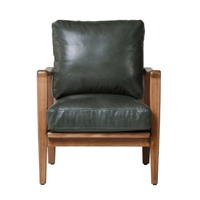 Green leather armchair with wooden frame on a white background