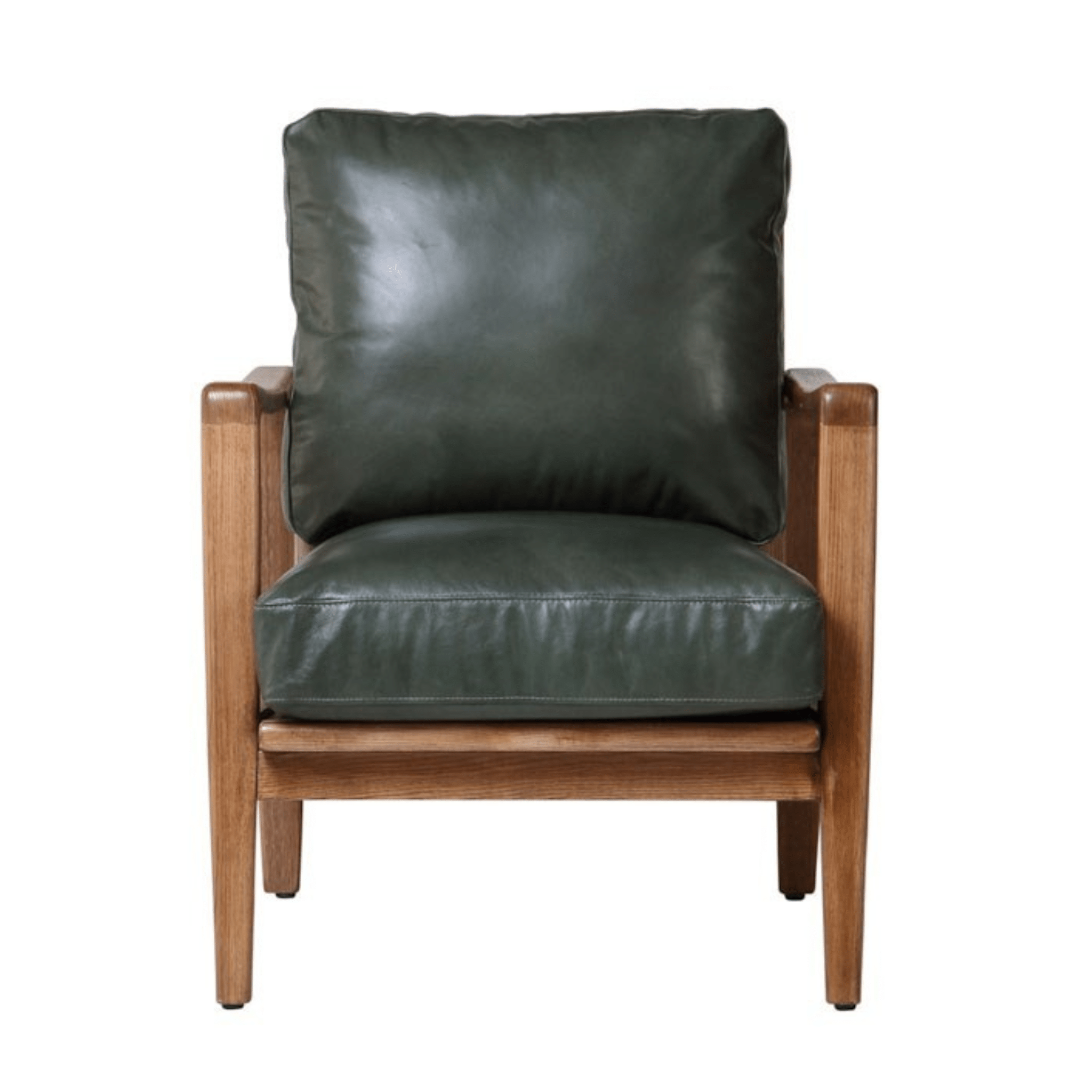 Green leather armchair with wooden frame on a white background