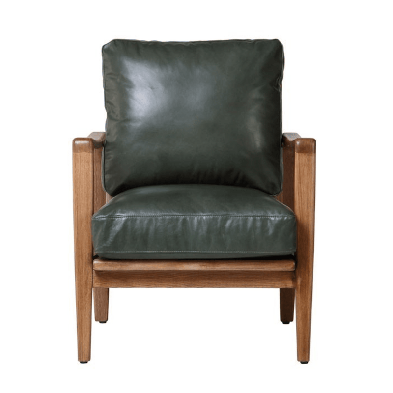 Green leather armchair with wooden frame on a white background