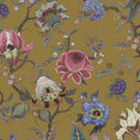 Floral pattern with pink, purple, and green flowers on a gold background