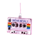 Pink glass Christmas ornament shaped like a cassette tape with colourful rainbow details and Awesome Mix Vol. 1 design.
