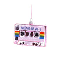 Decorative ornament shaped like a cassette tape with 'Awesome Mix Vol. 1' text on a white background