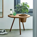 Brown side table with a plant and glasses in a room setting