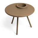Brown round side table with a built in planter on a white background