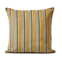 A square throw pillow with a vertical stripe pattern in mustard yellow, light sage green, and dark brown, shown against a plain white background.