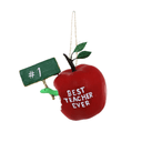 A red apple-shaped teacher ornament with green leaves, a small chalkboard sign reading '#1', and white text on the side that says 'BEST TEACHER EVER'.