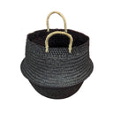 Black woven basket with handles on a white background