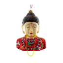 A decorative bust sculpture of Buddha with a black textured hair, painted face, and red embroidered robes adorned with colorful beads and jewelry, shown against a plain white background.