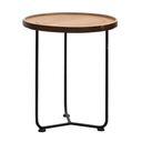 Round wooden side table with black metal legs on a white background