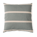 A square throw pillow with a textured linen-like fabric, featuring horizontal stripes in muted blue and warm beige, set against a plain white background.