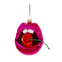 A glossy cherry-shaped Christmas ornament in bright magenta pink with a red center, hanging from a tan string with a gold cap on a white background.