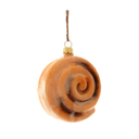 A cinnamon roll ornament with a glossy finish, hanging from a brown string with a gold cap on a white background.
