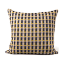 A square throw pillow featuring a woven geometric pattern of yellow, navy blue, and light beige stripes.
