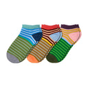 Three pairs of colorful striped socks on a white background