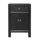Black wooden side table with a cabinet and a drawer on a white background