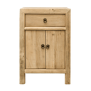 Wooden side table with a cabinet and a drawer on a white background