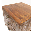 Wooden side table with a rustic finish on a white background