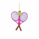 Decorative ornament shaped like a pink tennis racket with a yellow tennis ball on a white background