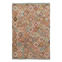 Multicolored geometric patterned rug on a white background