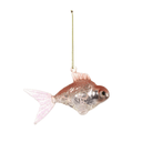 A goldfish-shaped hanging ornament with a translucent pink and silver body, featuring a gold hanging string at the top, shown against a plain white background.