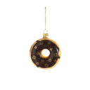 Decorative donut ornament with chocolate glaze and gold luxury brand patterns on a white background