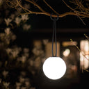 Glowing spherical light hanging from a branch at night