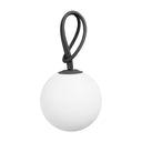 White spherical lamp with a dark grey cord on a white background